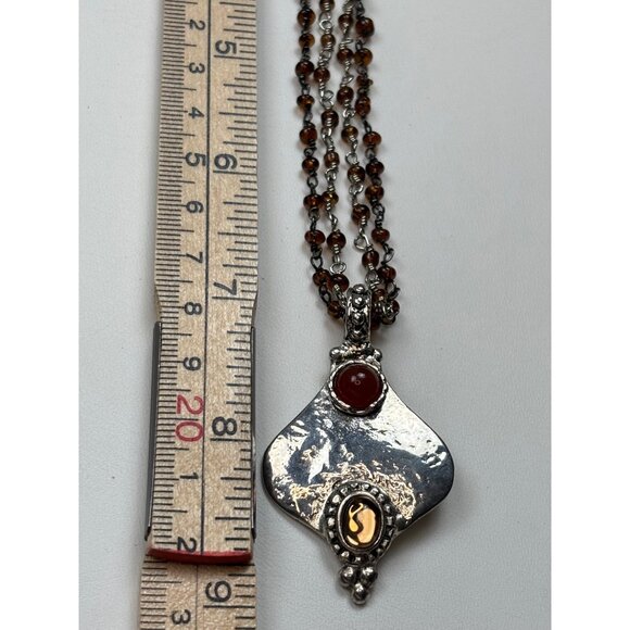 Handcrafted Sterling Silver Pendant Necklace With Amber Bead Chain & Carnelian G - Picture 4 of 7